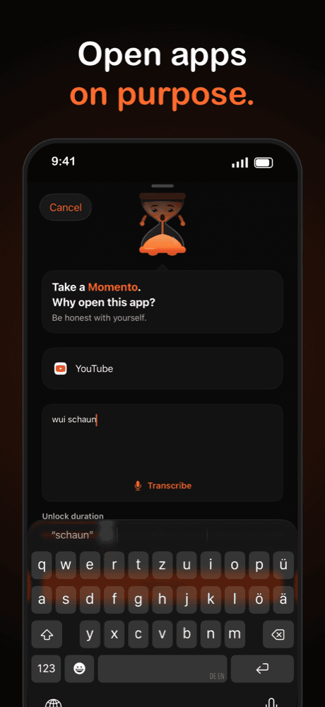 Momento asking why you want to open an app, with a text field and voice transcription