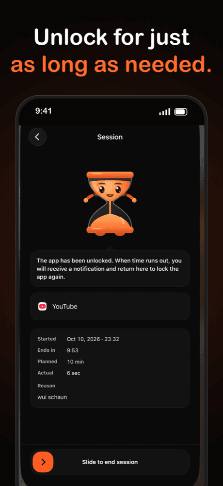 Momento session screen with the app, planned time and slider to end the session
