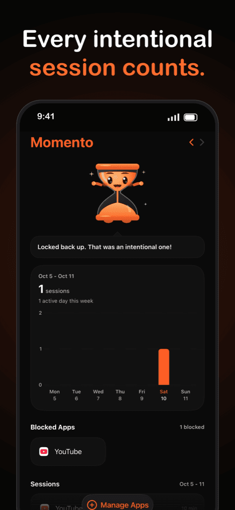 Momento weekly statistics with sessions and blocked apps